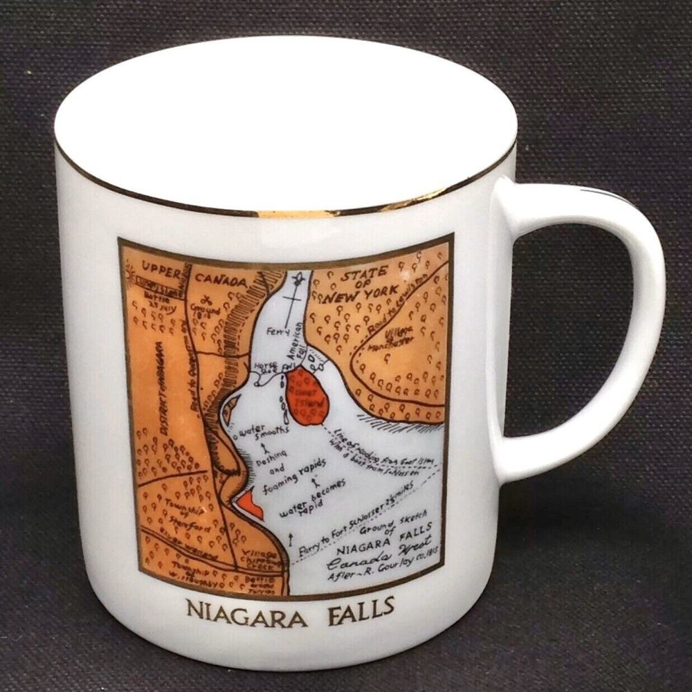 Vintage Niagara Falls Gold Map Coffee Mug Cup Handdrawn New York Canada Souvenir